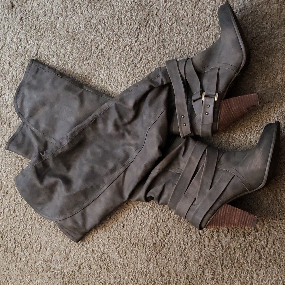 Gray, high heel riding boots, 3 1/2 inches